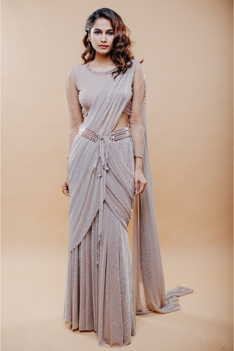 Rose gold shimmer draped skirt saree set