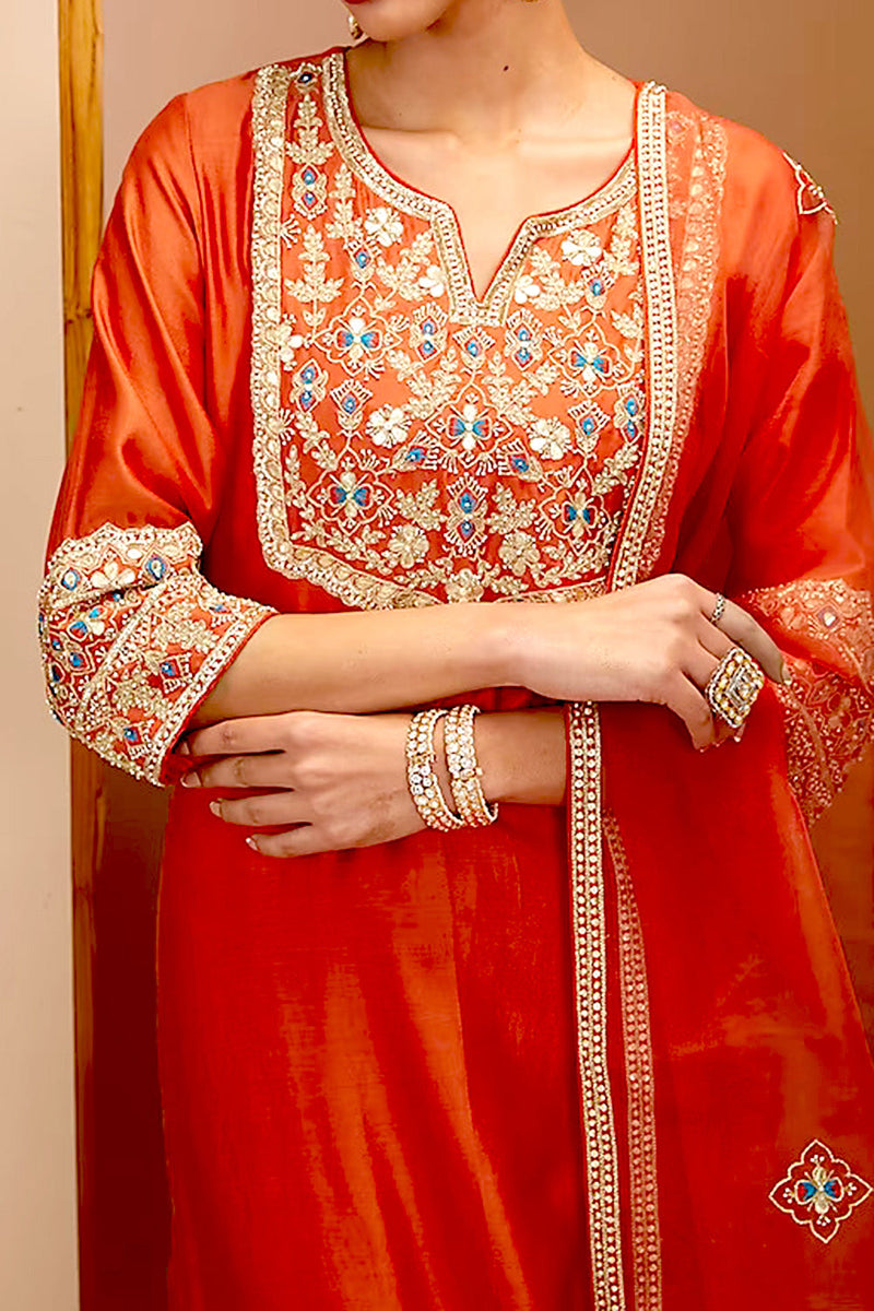 Red Color Hand Embroidered Silk Kurta Set