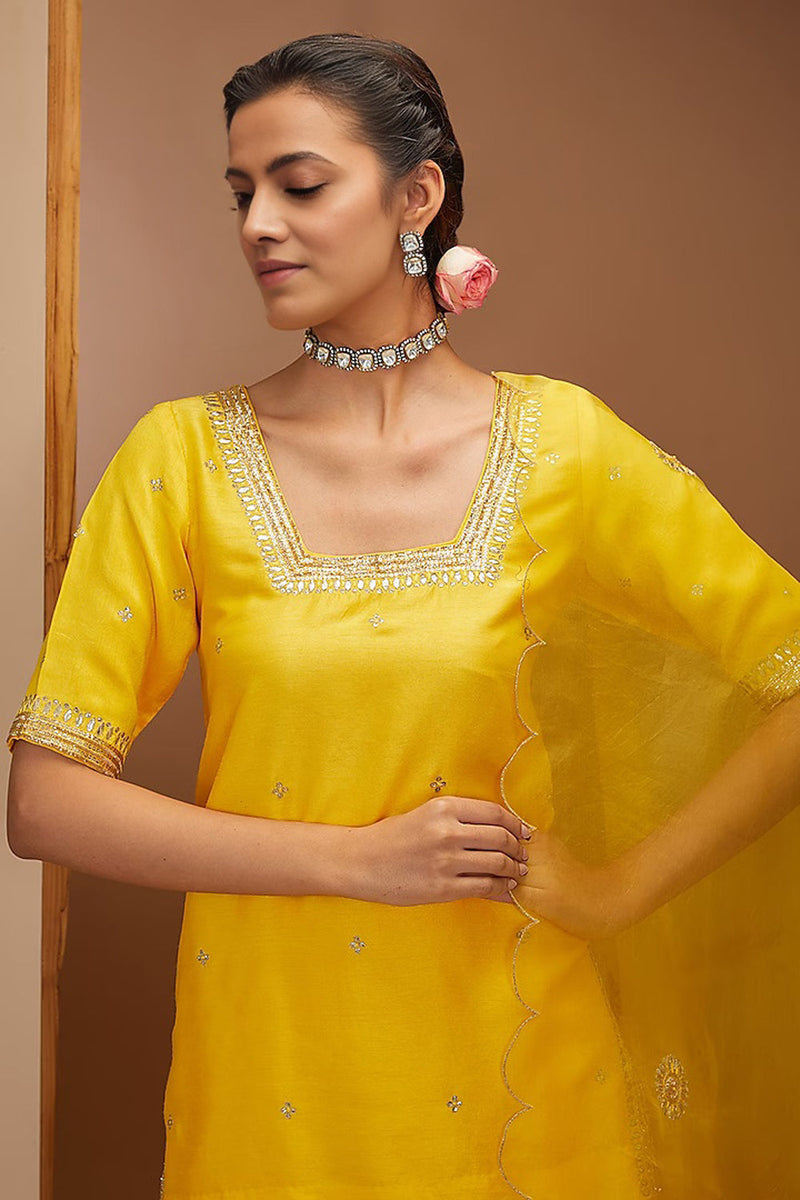 Yellow Color Dupion Silk Hand Embroidered Sharara Set