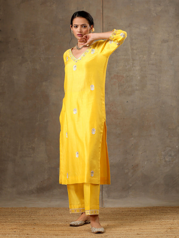 Yellow Color Hand Embroidered Chanderi Silk Kurta Set