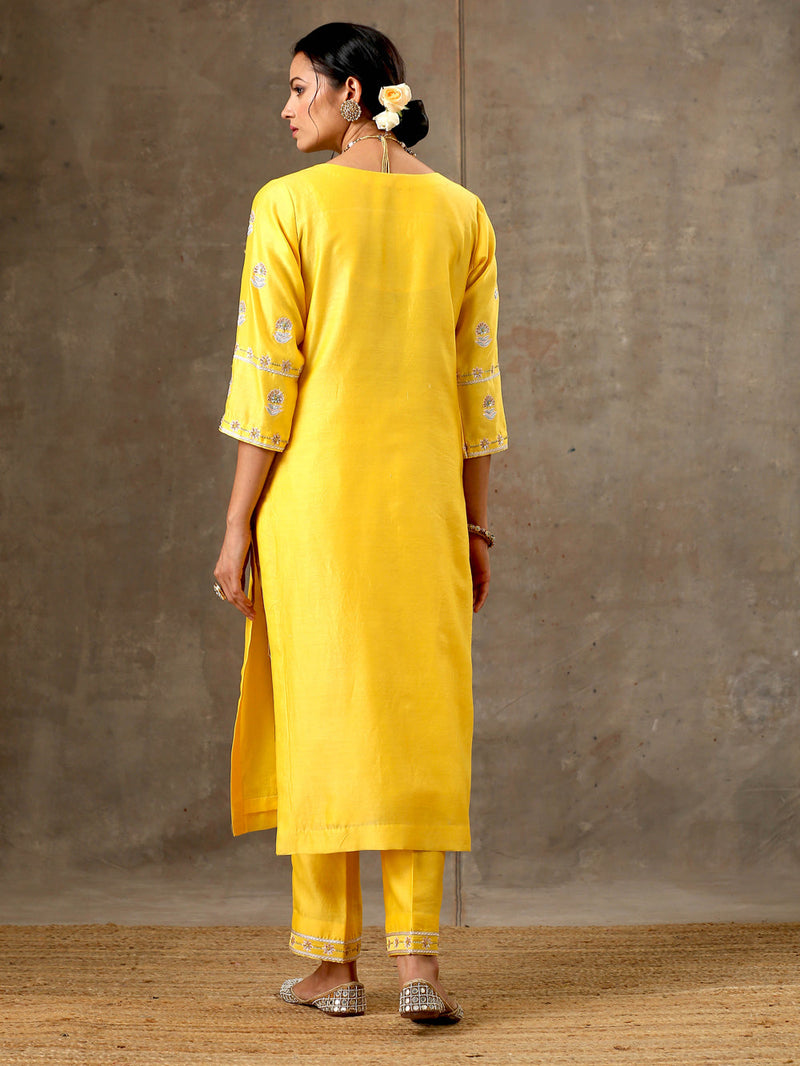 Yellow Color Hand Embroidered Chanderi Silk Kurta Set