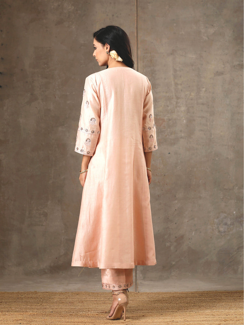 Peach Color Hand Embroidered Chanderi Silk Kurta Set