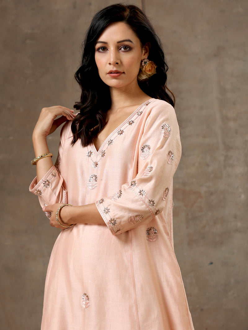 Peach Color Hand Embroidered Chanderi Silk Kurta Set