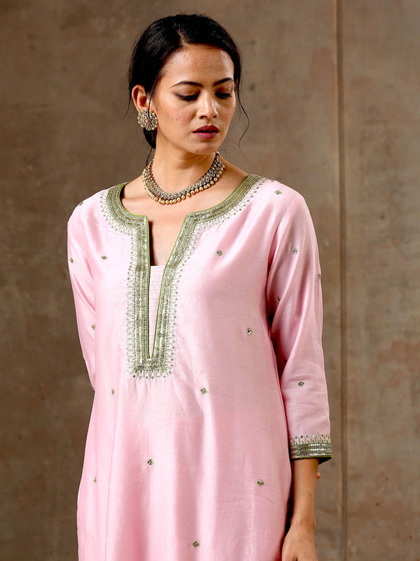 Pink Green Hand Embroidered Chanderi Silk Kurta Set