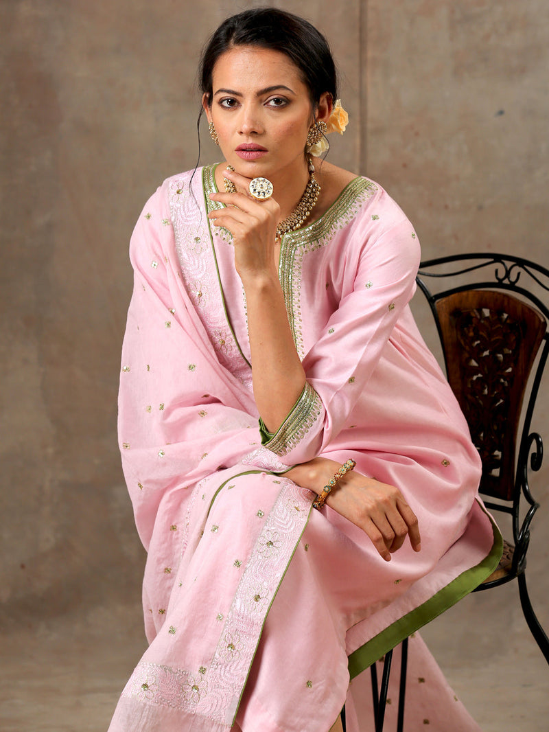 Pink Green Hand Embroidered Chanderi Silk Kurta Set