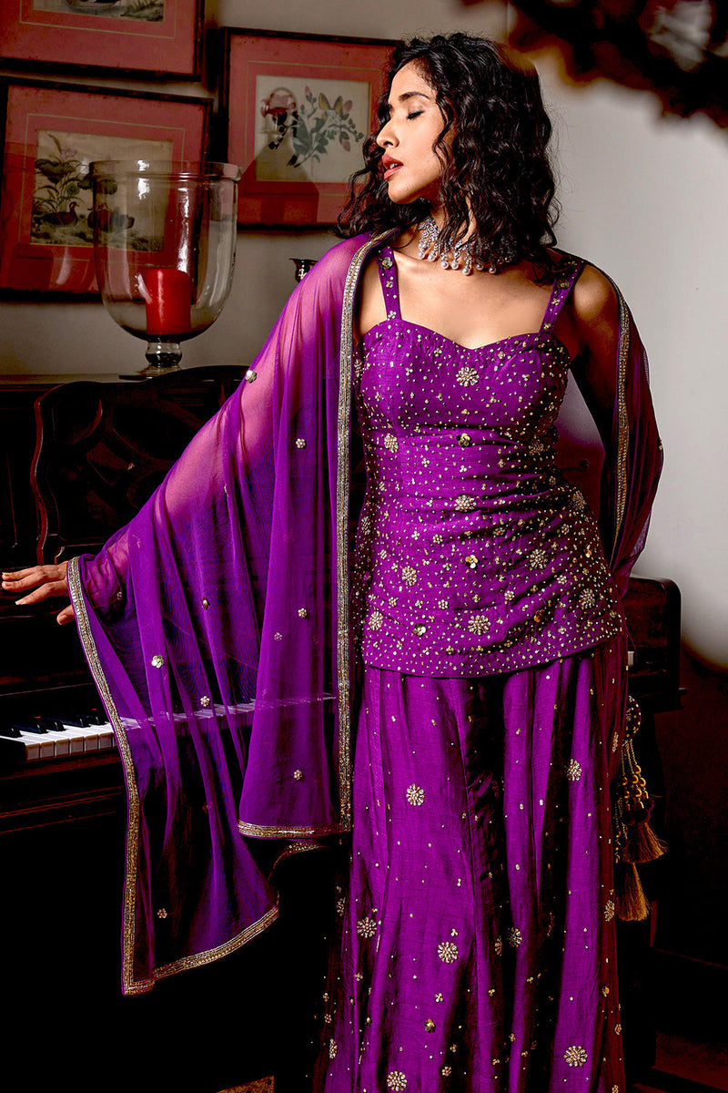 Sassy Sharara Set Handembroidered In Purple Color