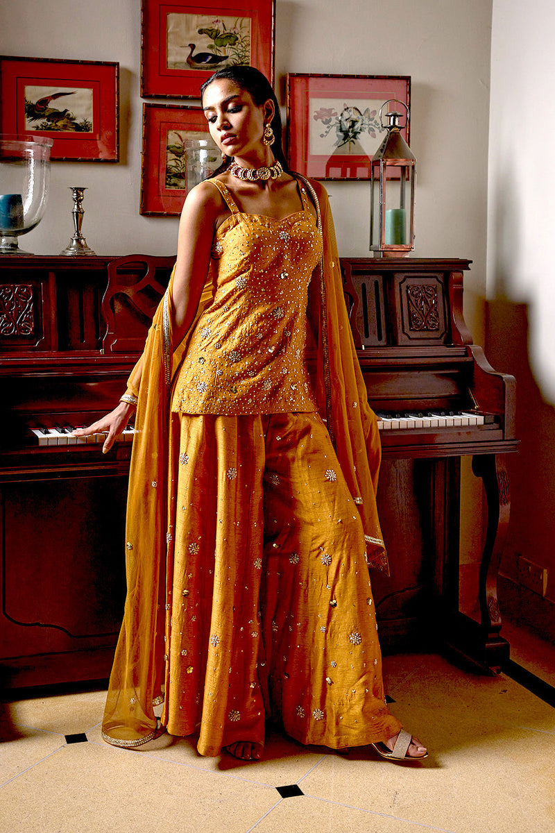 Golden Color Hand Embroidered Sassy Sharara Set
