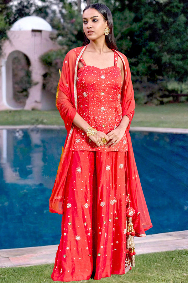 Sassy Sharara Set Handembroidered In Scarlet Red Colour