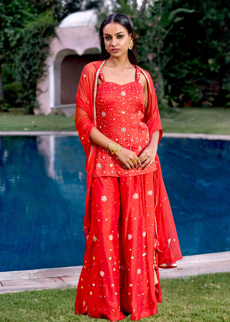 Sassy Sharara Set Handembroidered In Scarlet Red Colour