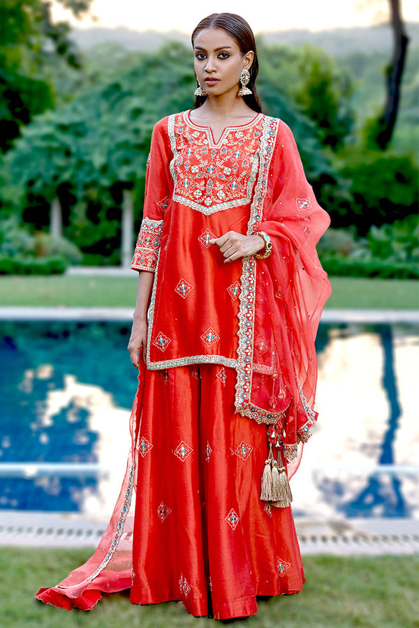Red Blue Silk Zardosi Resham Naksshi Embroidered Sharara Set