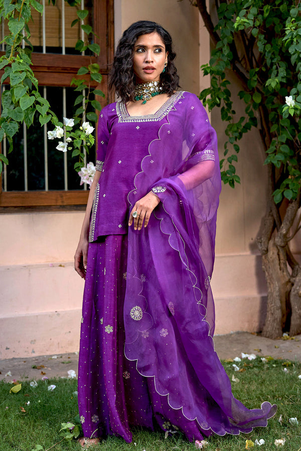 Purple Embroidered Sharara Set With Gota Patti And Nakkshi Work