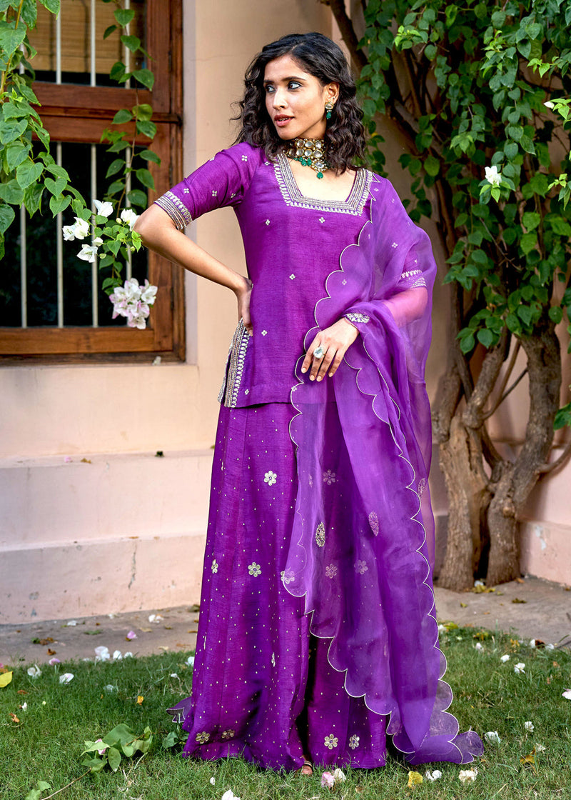 Purple Embroidered Sharara Set With Gota Patti And Nakkshi Work