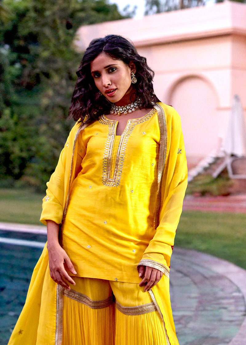 Yellow Silk Georgette Embroidered Sharara Set