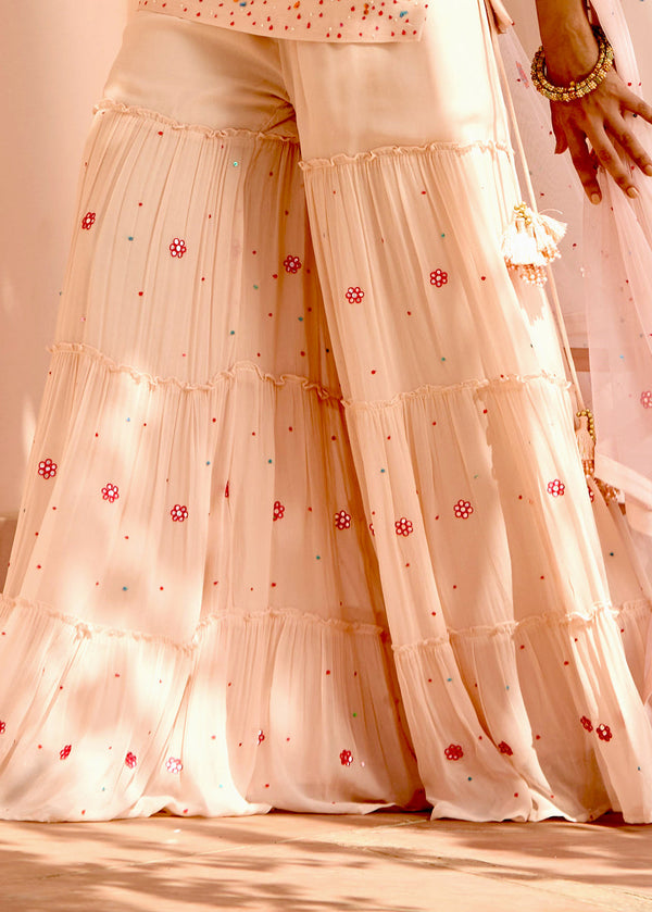 Nude Peach Embroidered Strappy Sharara Set