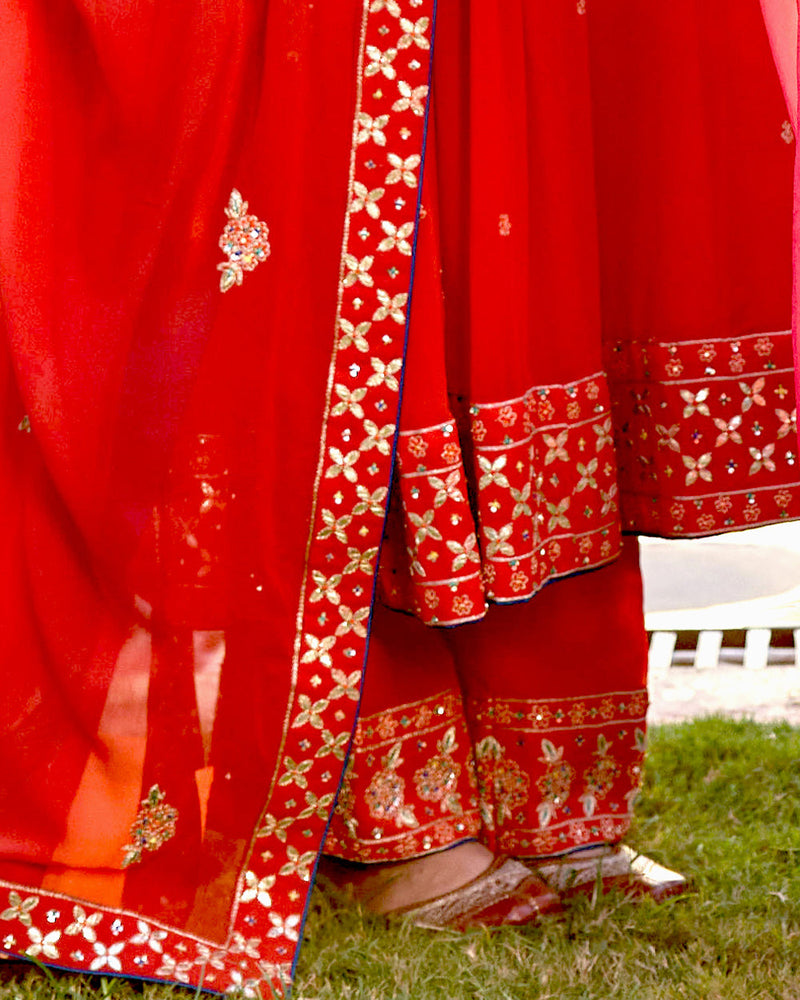 Red Georgette Kali Kurta With Gota Patti Hand Embroidery