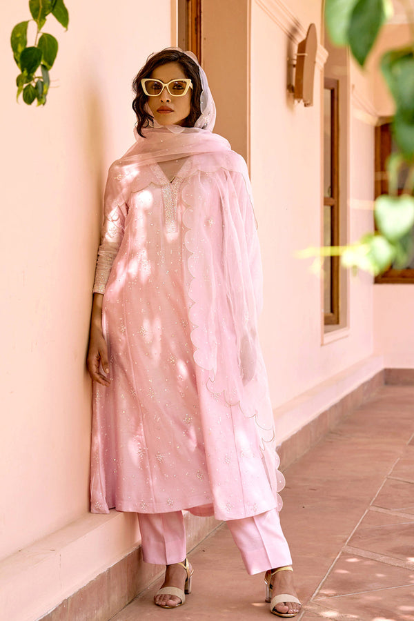 Light Pink Sequin Hand Embroidered Silk Kali Kurta Set