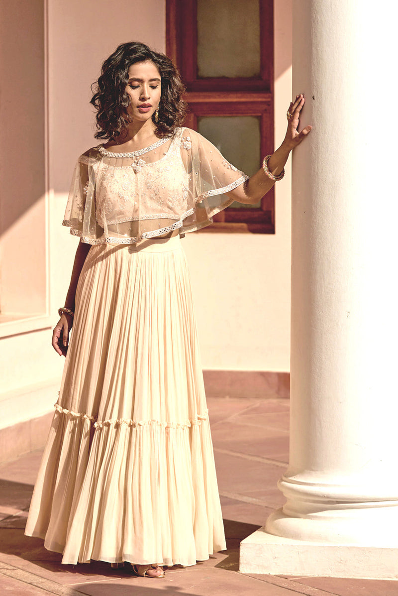 Pastel Sun Downer Hand Embroidered Cape Lehenga Set