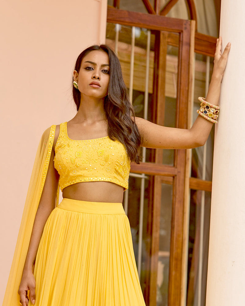 Hand Embroidered Layered Ruffled Yellow Lehenga Set