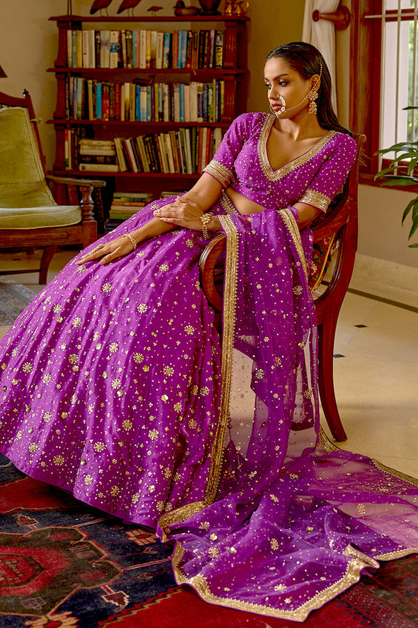 Purple Pure Silk Nakshi & Zardosi Hand Embroidered Lehenga Set