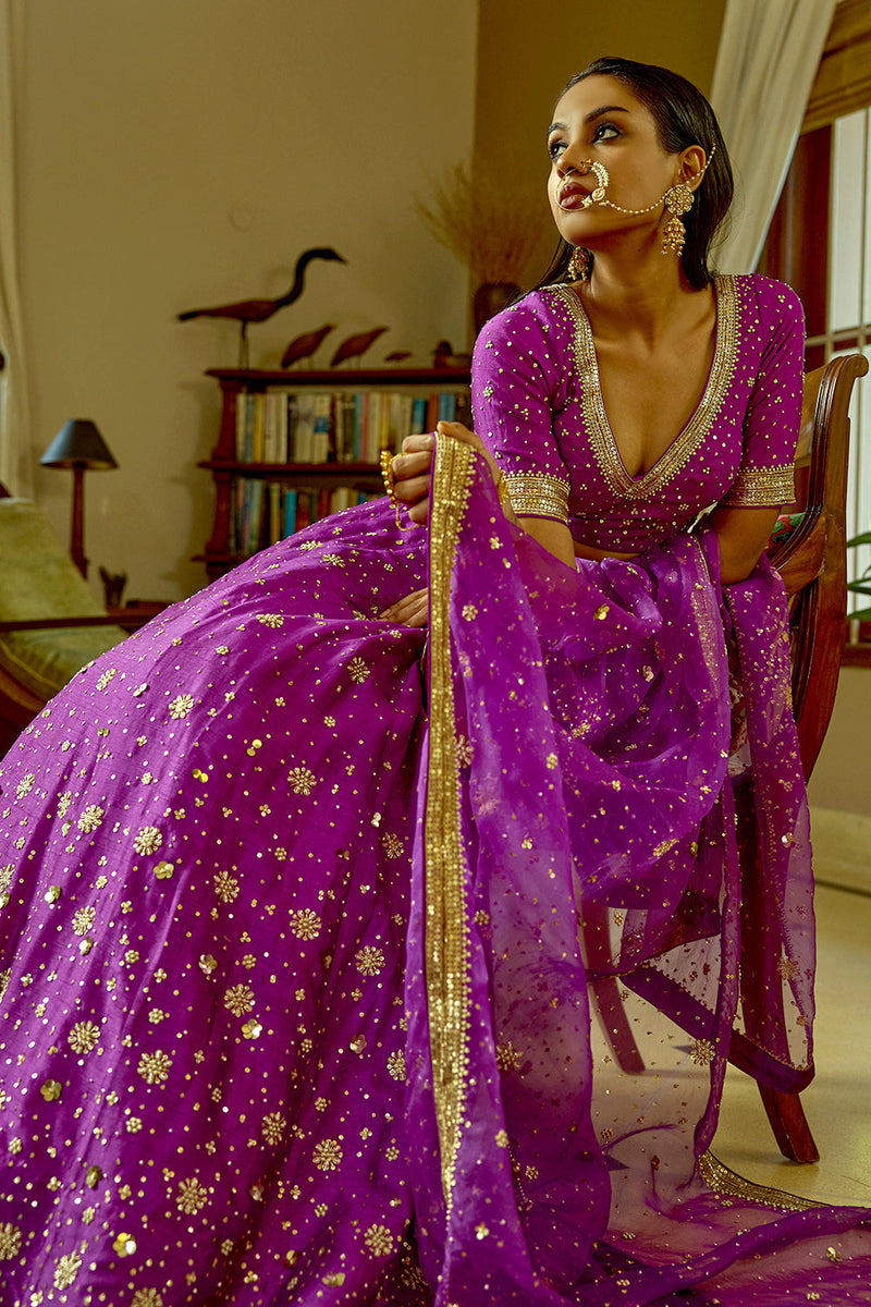 Purple Pure Silk Nakshi & Zardosi Hand Embroidered Lehenga Set