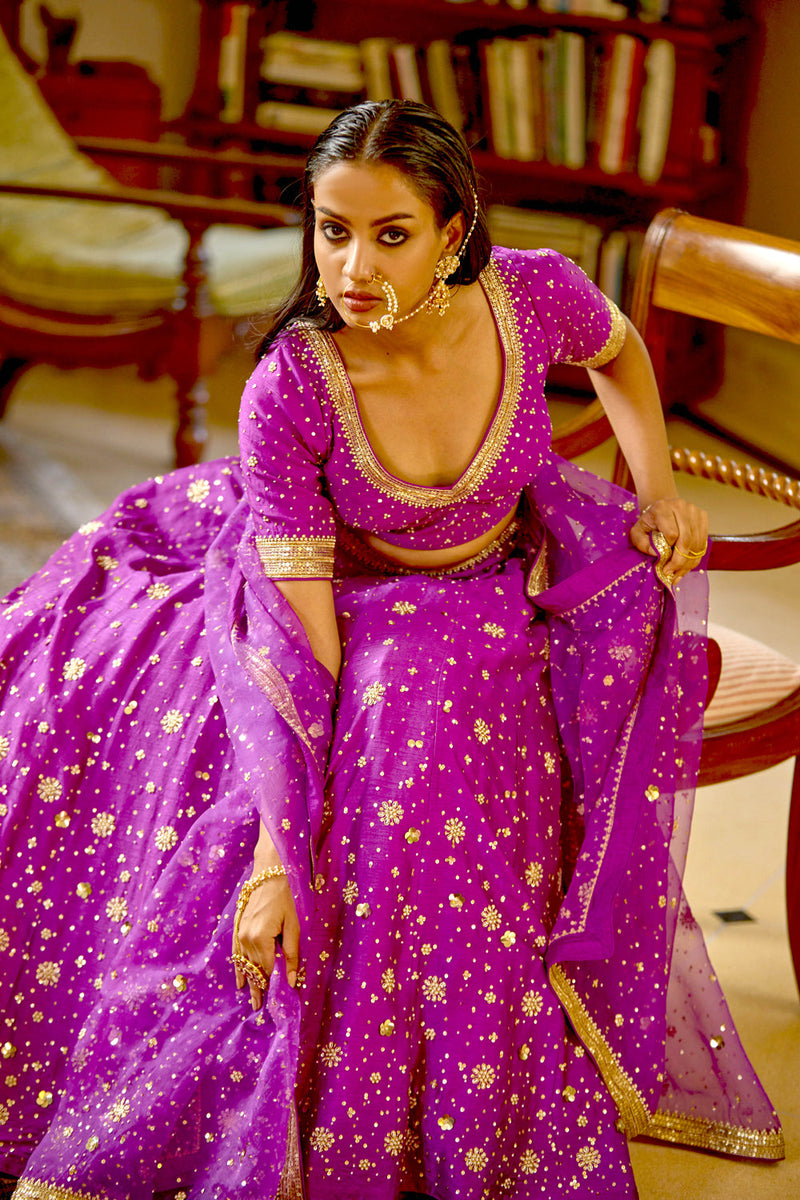 Purple Pure Silk Nakshi & Zardosi Hand Embroidered Lehenga Set