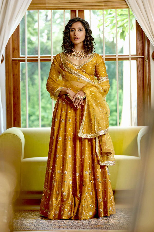 Golden Color Pure Silk Nakshi & Zardosi Hand Embroidered Lehenga Set
