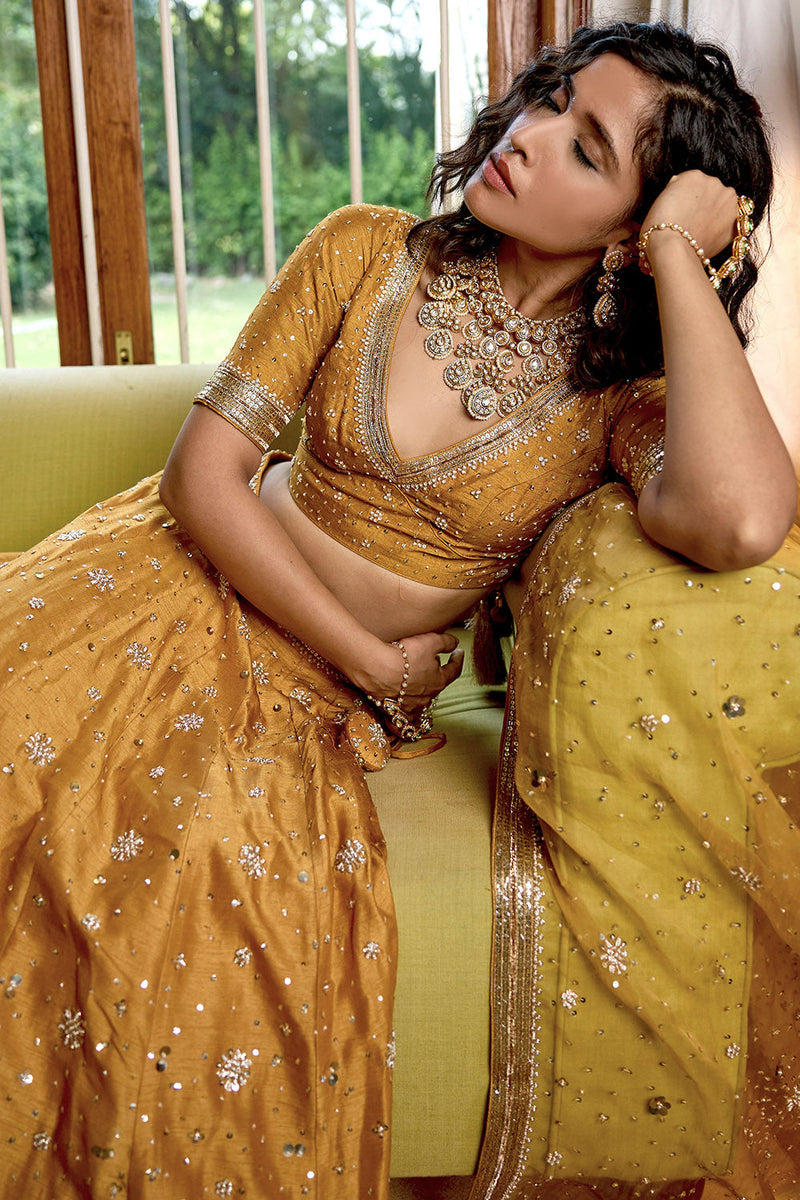 Golden Color Pure Silk Nakshi & Zardosi Hand Embroidered Lehenga Set