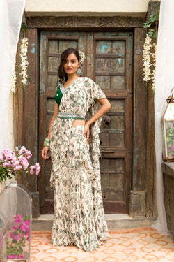 Off White Printed Frill Saree With Embroidered Blouse And Belt