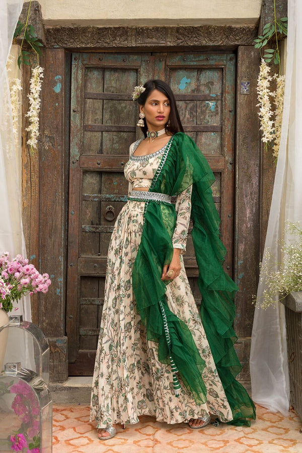 Off White Printed Palazzo Set With Pleated Dupatta And Belt