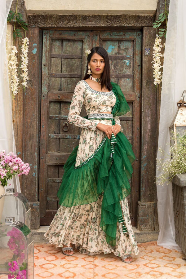 Off White Printed Palazzo Set With Pleated Dupatta And Belt