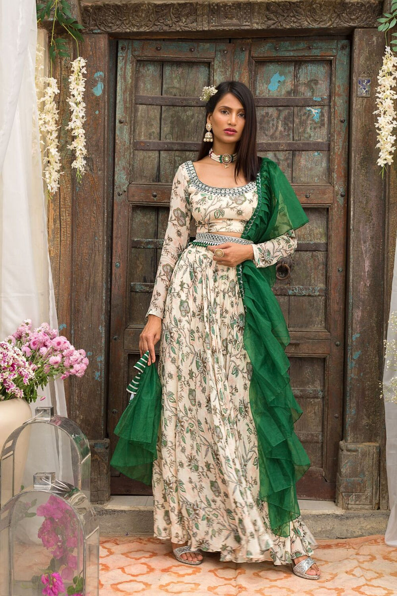 Off White Printed Palazzo Set With Pleated Dupatta And Belt