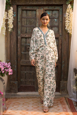 Off White Printed Jumpsuit With Embroidered Neckline