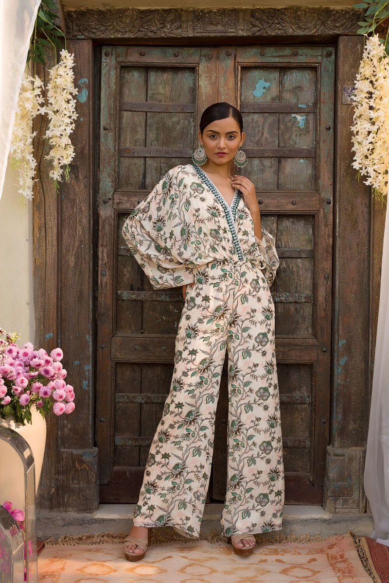 Off White Printed Jumpsuit With Embroidered Neckline