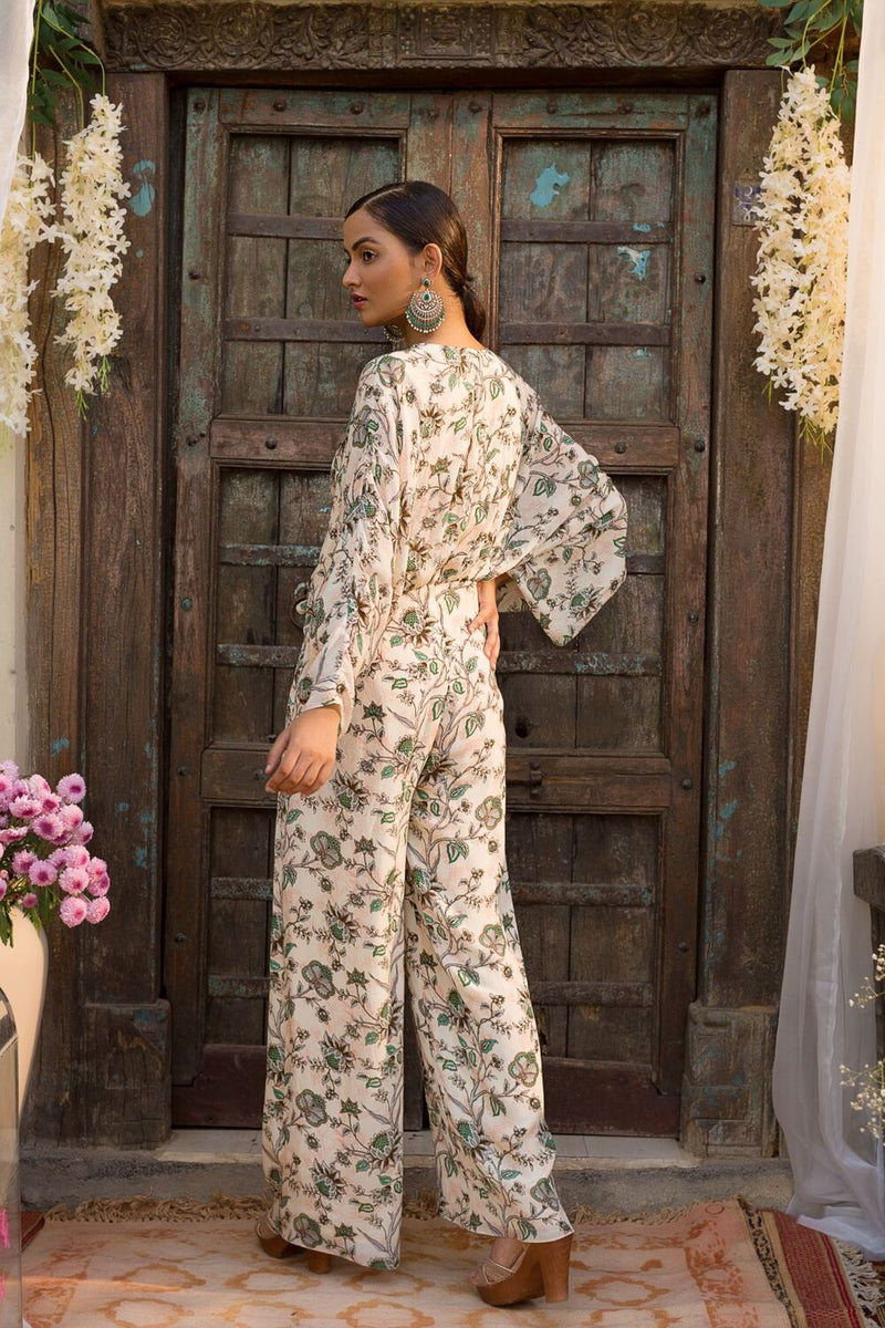 Off White Printed Jumpsuit With Embroidered Neckline