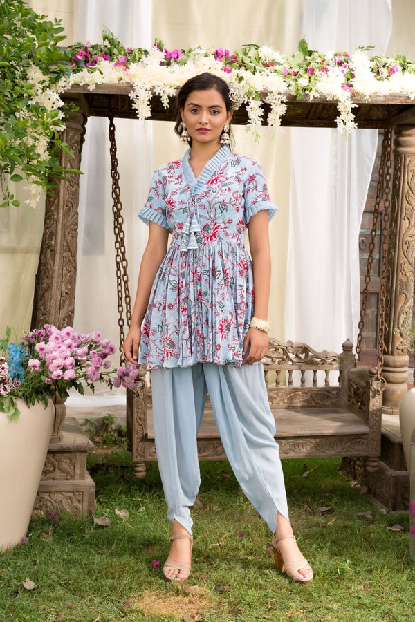 Powder Blue Printed Tunic With Dhoti