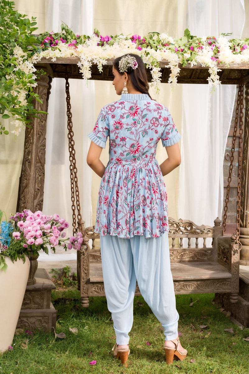 Powder Blue Printed Tunic With Dhoti