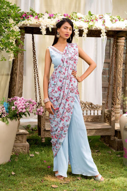 Powder Blue Printed Pant Saree