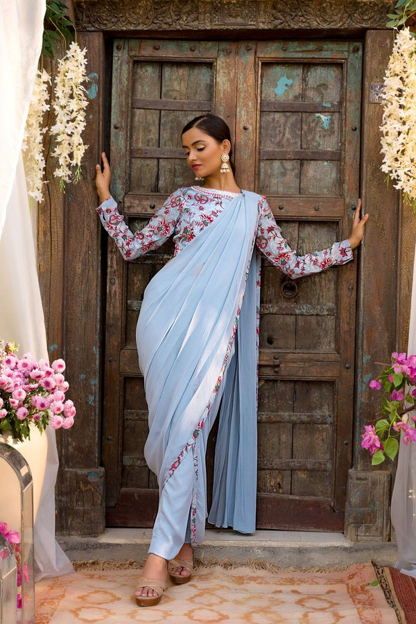 Powder Blue Printed Blouse With Pant Saree