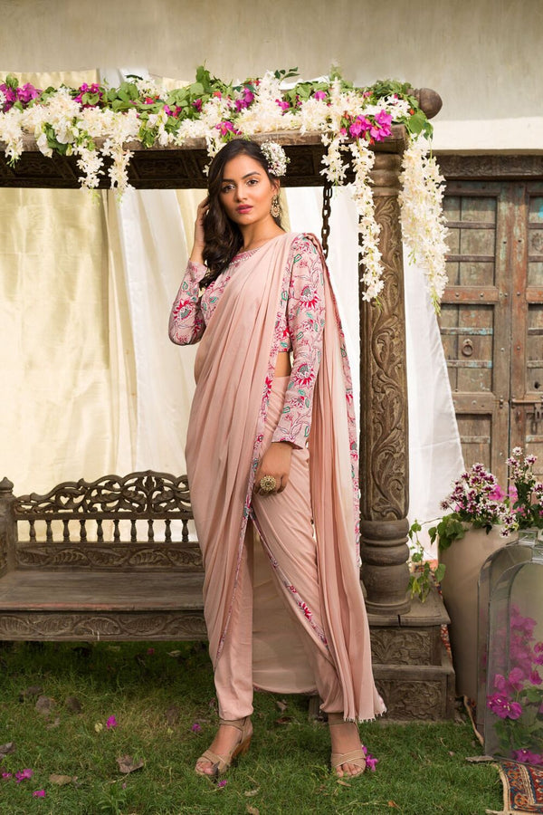 Nude Pink Floral Printed Blouse With Pant Saree