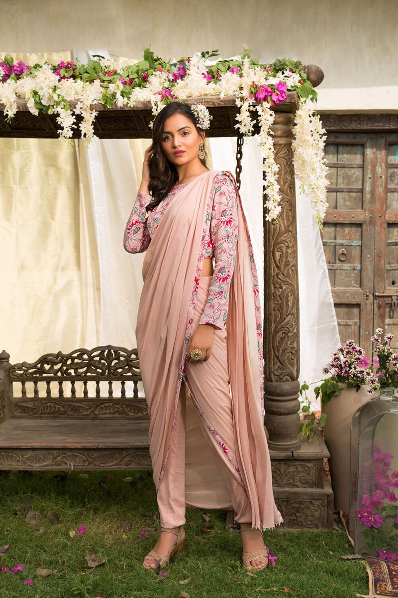 Nude Pink Floral Printed Blouse With Pant Saree