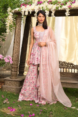 Nude Pink Floral Printed Kurta And Sharara With Dupatta