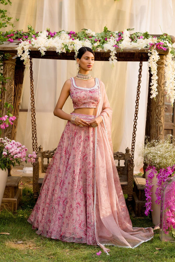Nude Pink Floral Printed Lehenga Set With Embroidered Belt