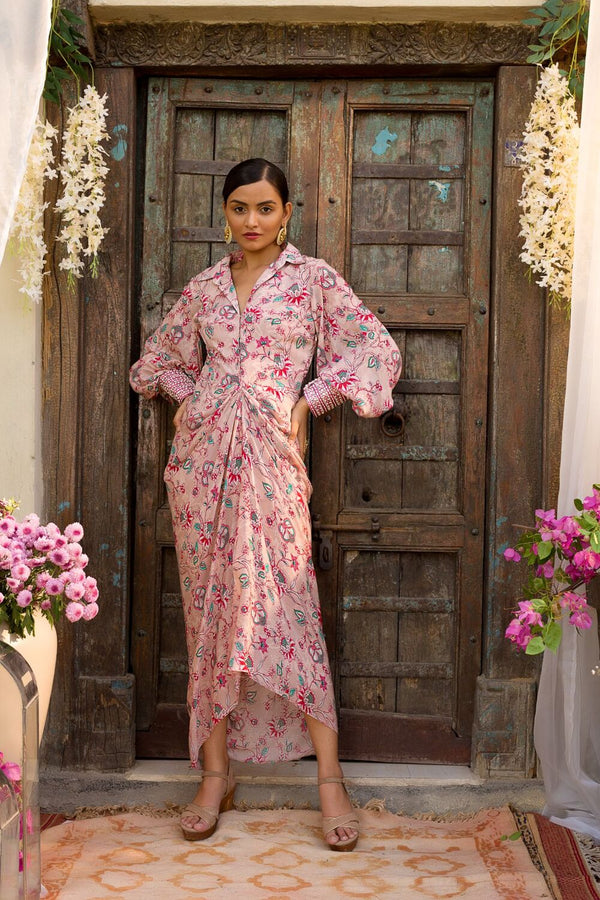 Nude Pink Floral Printed Draped Shirt Dress