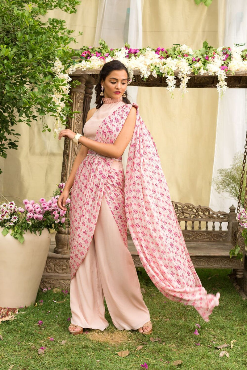 Nude Pink Tribal Booti Pant Saree With Embroidered Belt