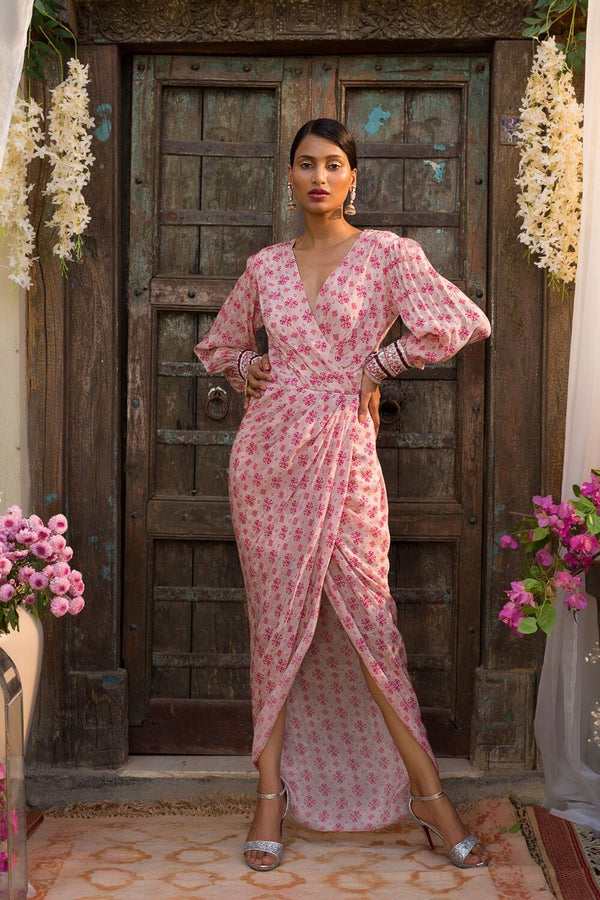 Nude Pink Tribal Booti Wrap Dress With Embroidered Cuffs