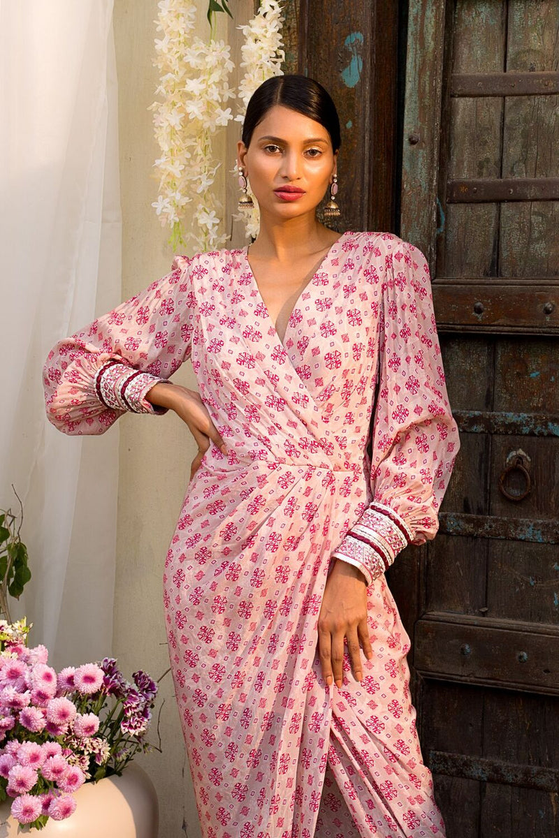 Nude Pink Tribal Booti Wrap Dress With Embroidered Cuffs