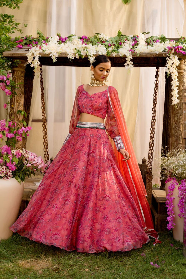 Coral Printed Lehenga Set With Coral Dupatta