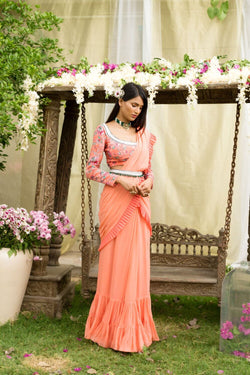 Coral Pre-Draped Saree Set With Embroidered Belt