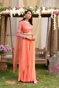 Coral Printed Blouse With Attached Dupatta And Palazzo With Embroidered Belt