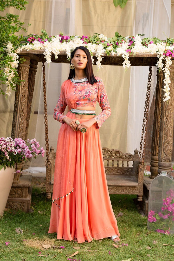 Coral Printed Blouse With Attached Dupatta And Palazzo With Embroidered Belt